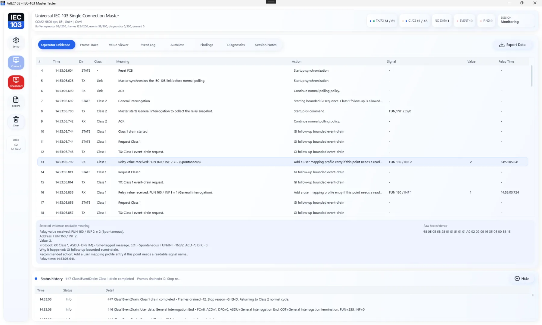 Operator evidence grid screenshot