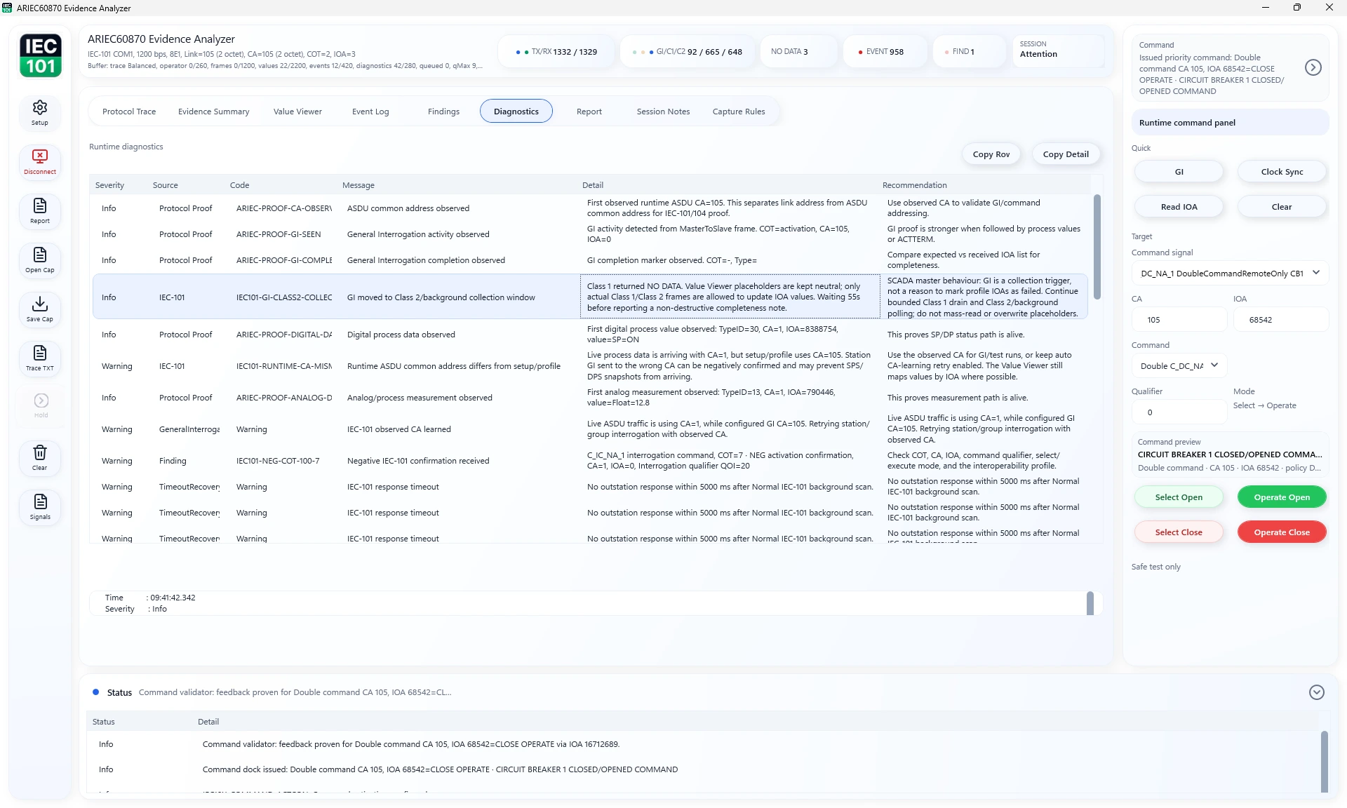 ARIEC60870 diagnostics workspace showing findings and engineering notes