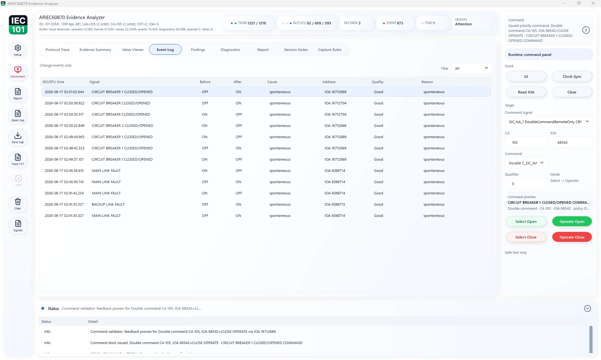 ARIEC60870 Event Log showing IEC 60870 communication events
