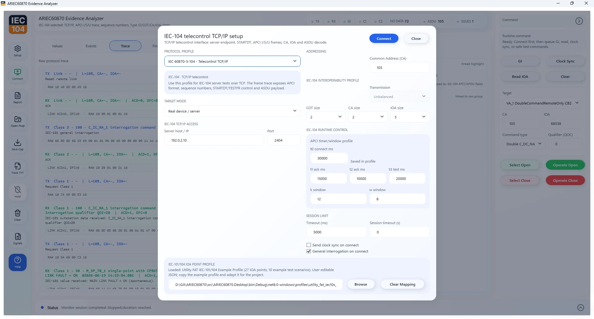 ARIEC60870 setup dialog for IEC 60870-5-104 TCP/IP endpoint settings
