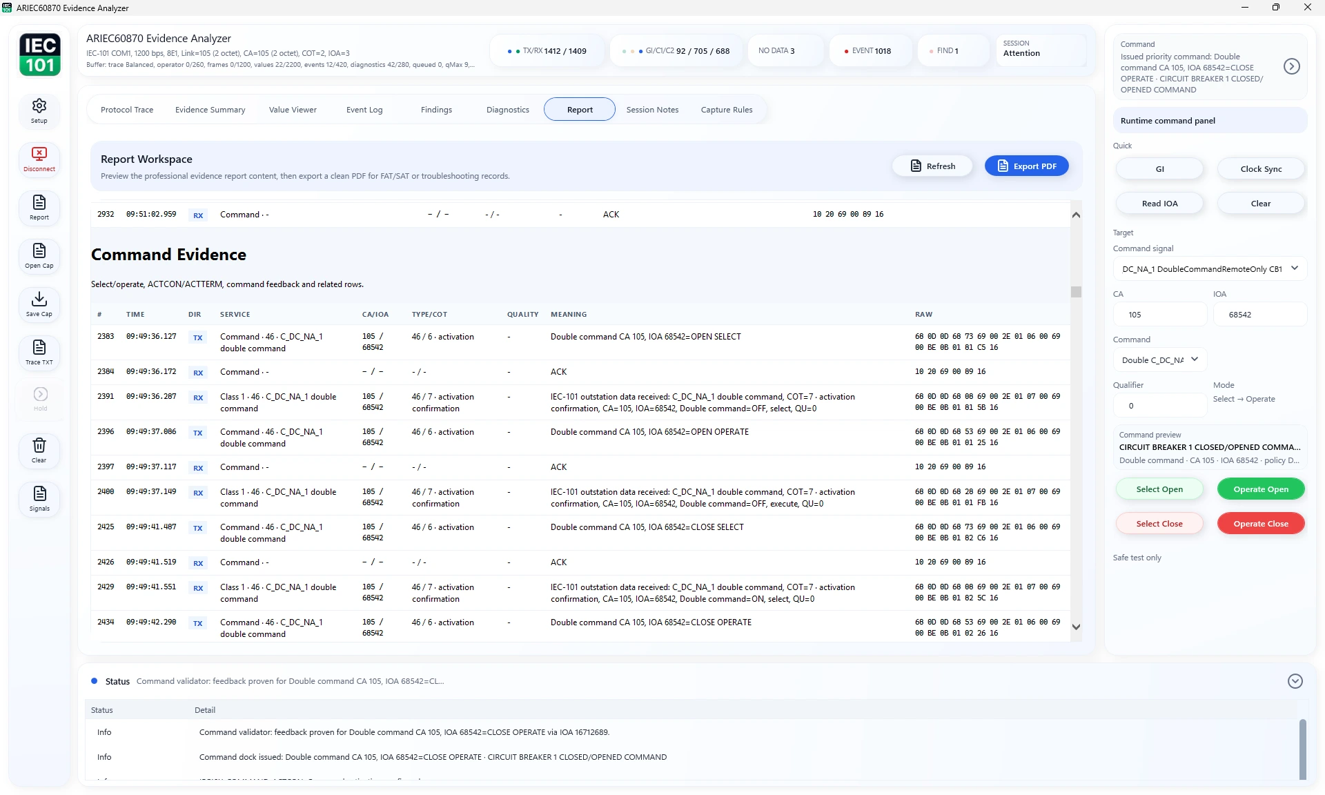 ARIEC60870 report workspace with exportable evidence rows