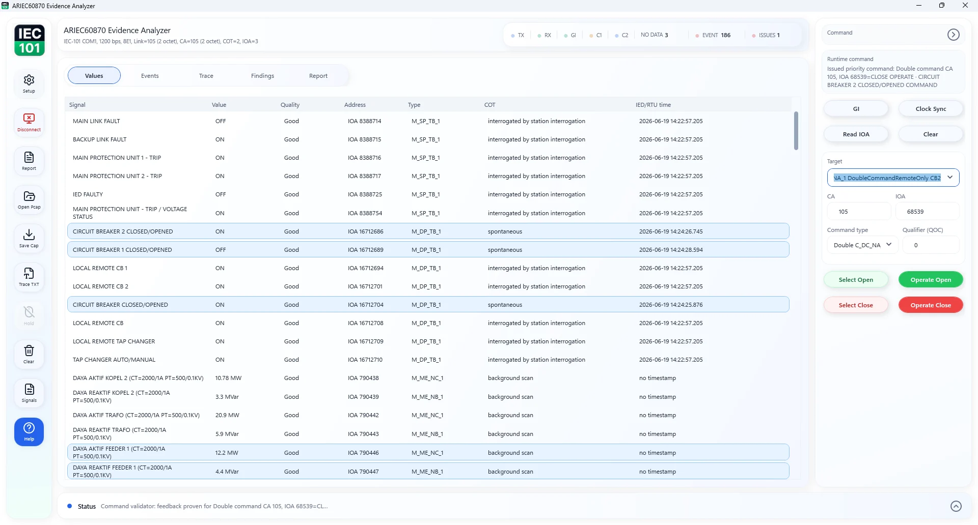 ARIEC60870 Value Viewer showing decoded IEC 60870 points