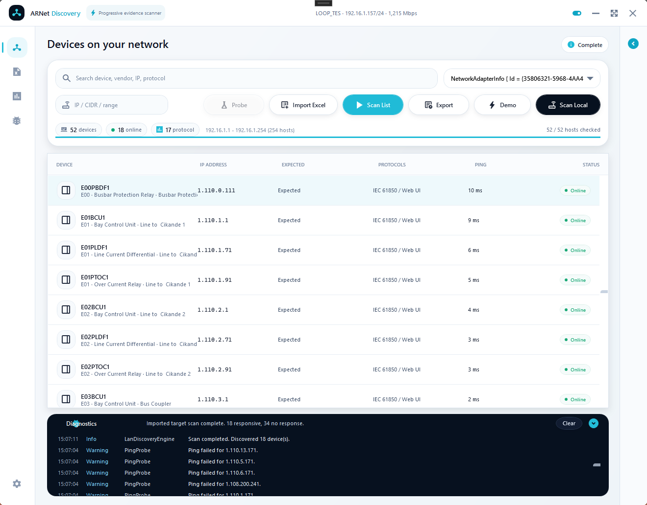 ARNet Discovery app showing device discovery results, protocol evidence, diagnostics, and inspector panels