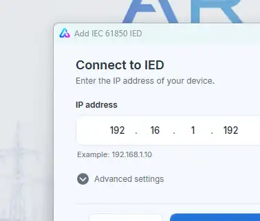 Authentic cropped v1.6.42 Connect to IED dialog with IPv4 field and Connect button