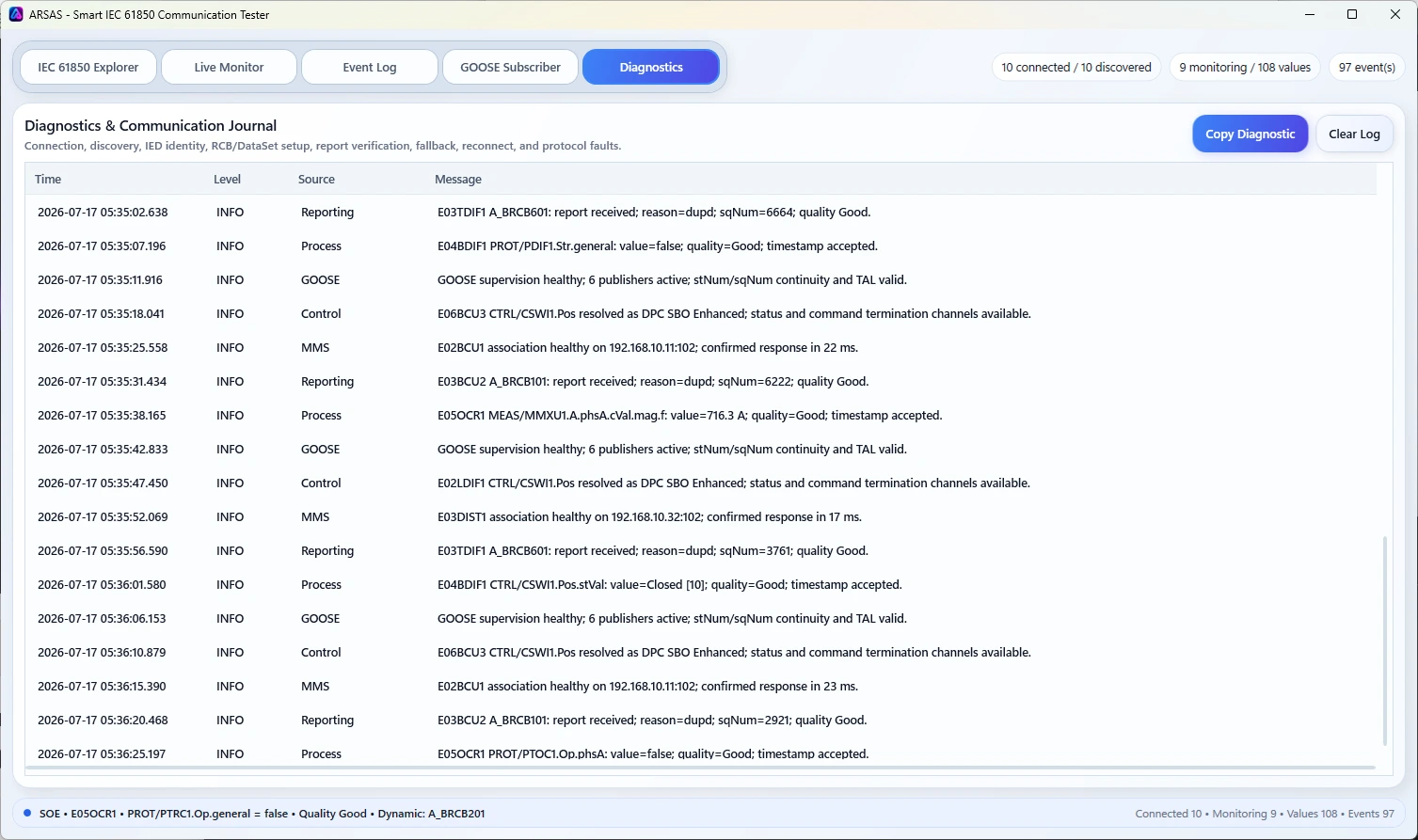 ARSAS communication and frame diagnostics workspace