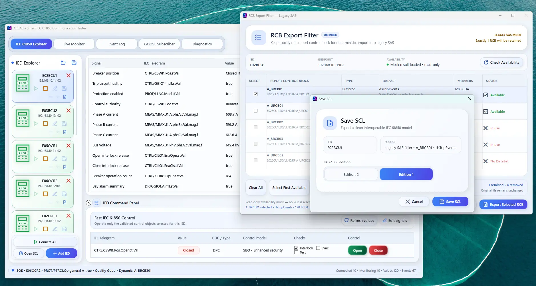 ARSAS selected-RCB SCL export with IEC 61850 Edition 1 and Edition 2 options