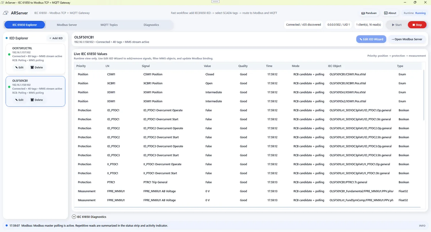 ARServer live IEC 61850 values with quality and object references