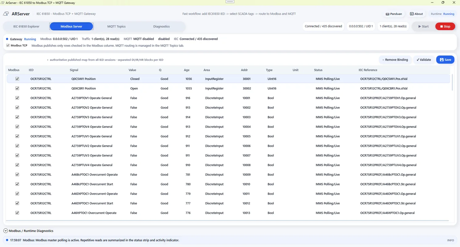 ARServer Modbus TCP map for HMI and SCADA clients