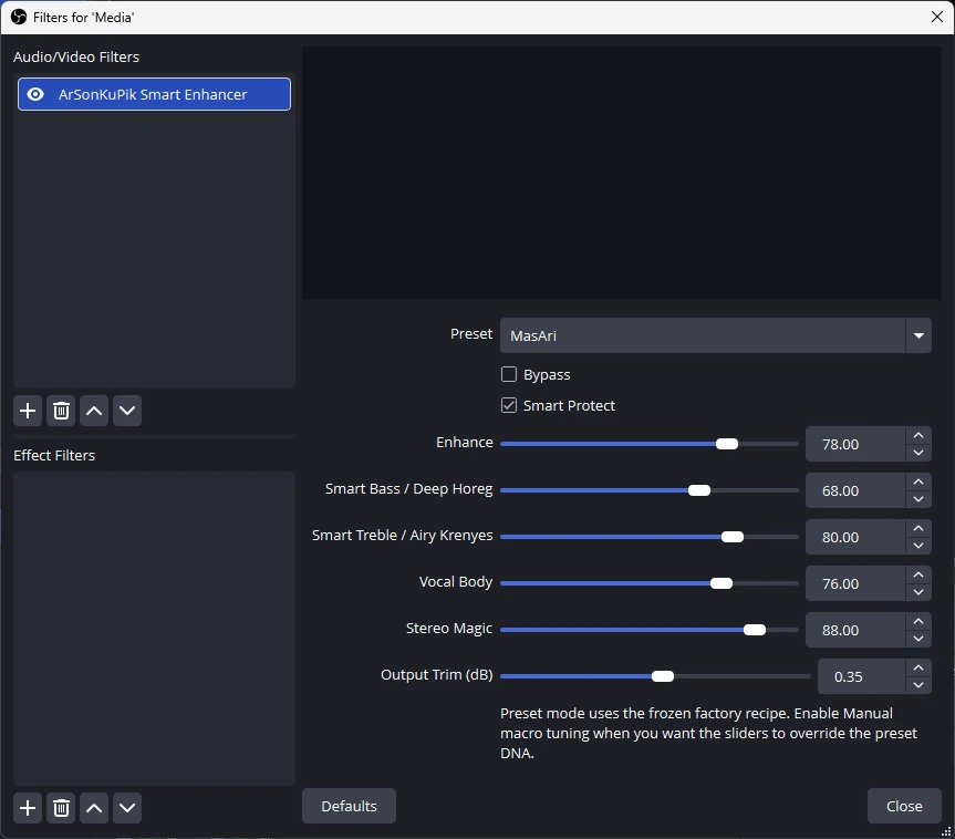 ArSonKuPik OBS Audio Enhancer filter interface in OBS Studio