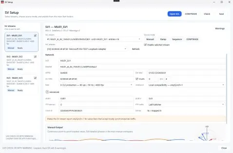 ARSVIN Publisher SV Setup with SCL stream selection, source modes, network fields, and manual output controls