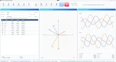 ArSubsv live analysis interface showing channel values, phasor, voltage waveform, and current waveform