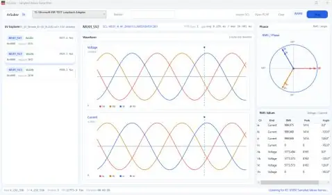 ArSubsv stream monitor with discovered SV streams, voltage and current waveforms, phasor view, and RMS values
