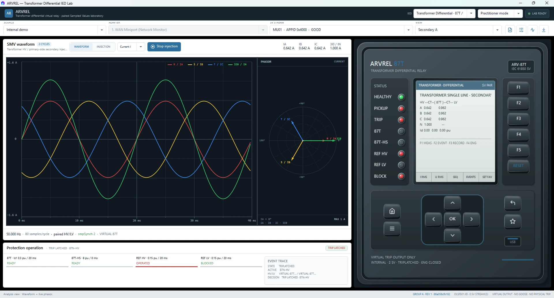 ARVREL workspace showing waveform, phasors, virtual relay faceplate, protection state, and event evidence
