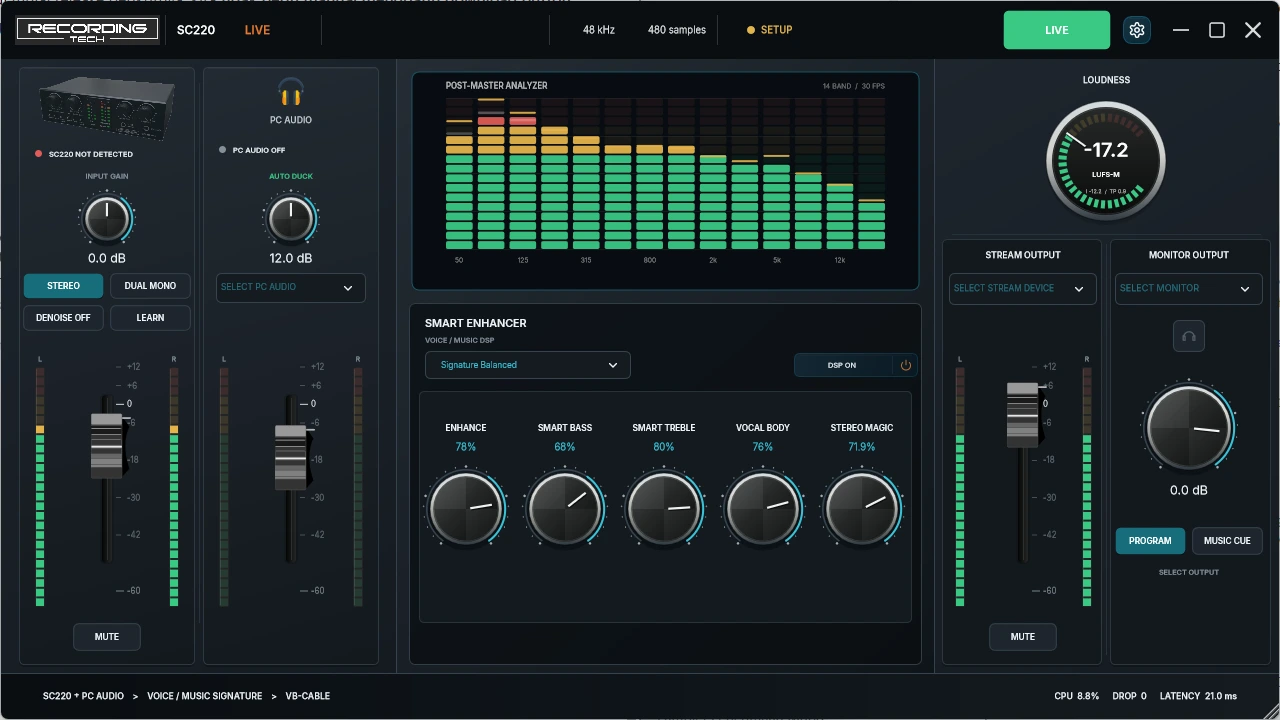 Tampilan SC220 Live dengan input audio interface, audio PC, DSP, meter, dan output streaming