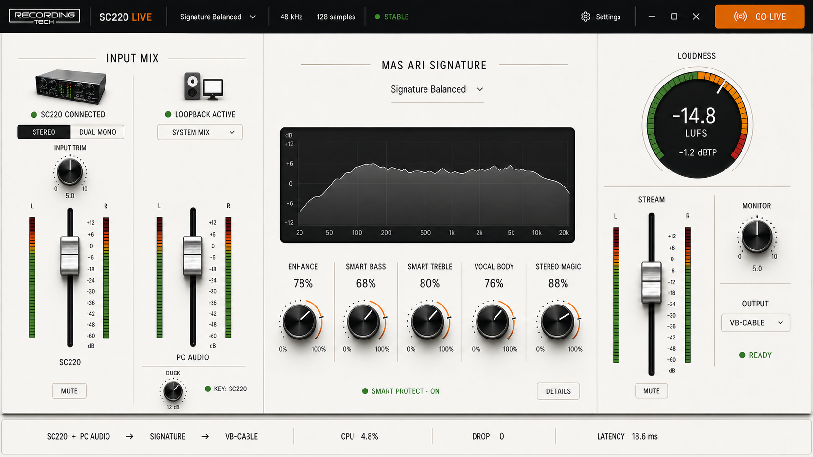 Tampilan SC220 Live dengan input SC220, audio PC, DSP, meter, dan output streaming
