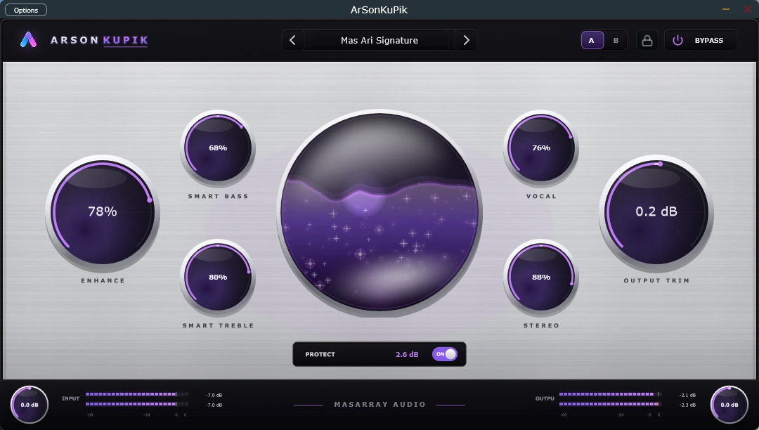 ArSonKuPik interface with Mas Ari Signature preset, enhancement controls, A/B comparison, Smart Protect, and input-output meters